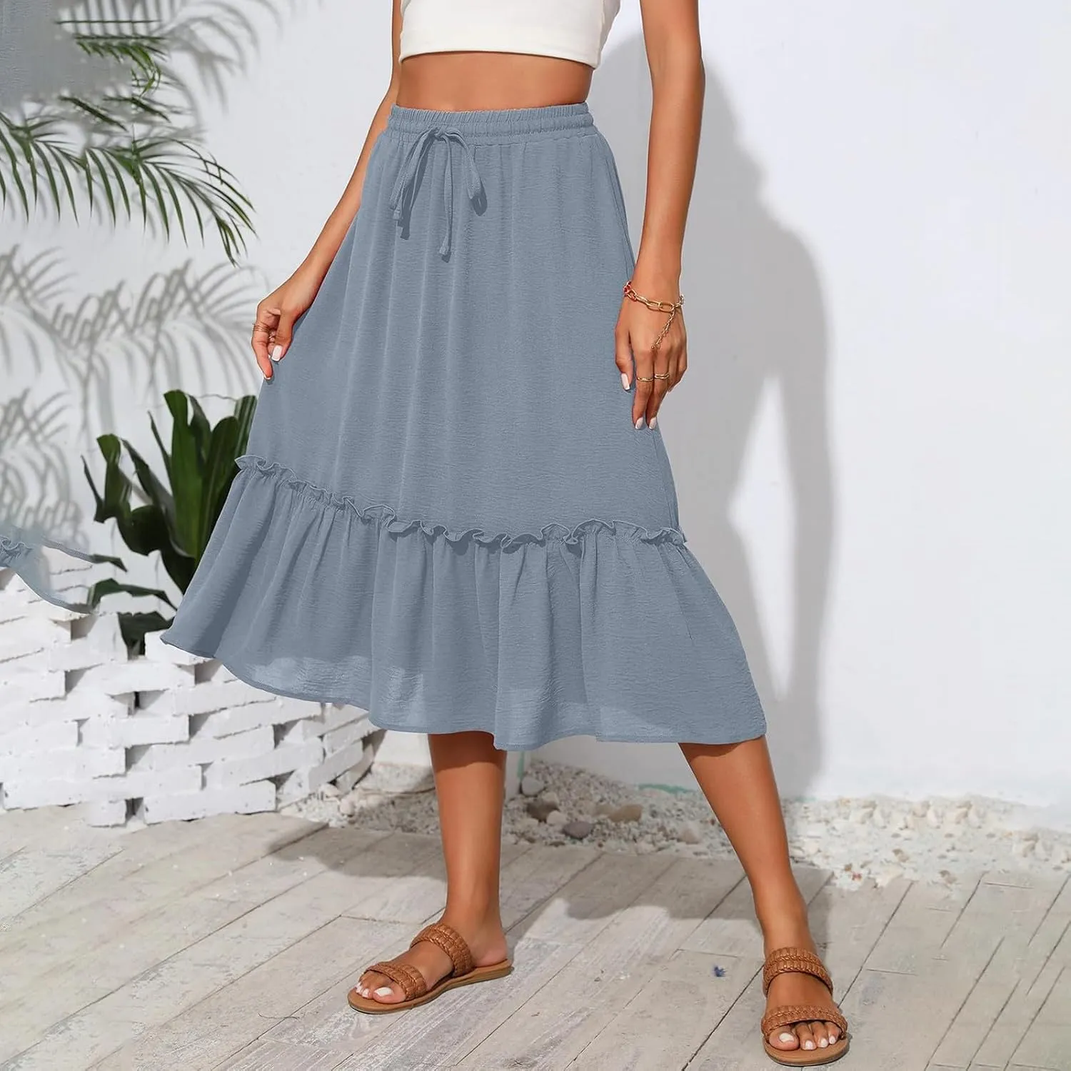 High Waisted Skirts for Women 2025 Cotton Flowy A Line Tiered Midi Skirt with Pockets Summer Beach Comfy Casual Skirt