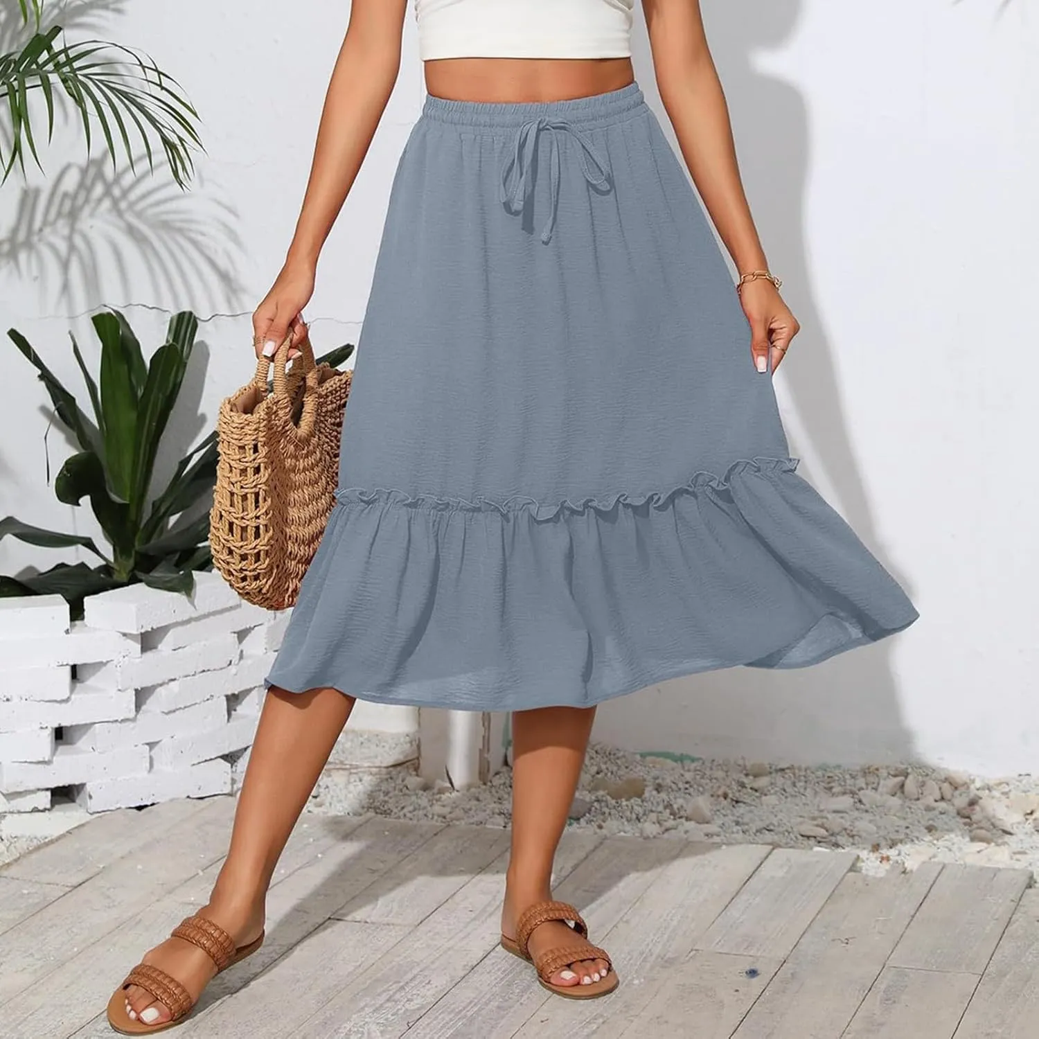 High Waisted Skirts for Women 2025 Cotton Flowy A Line Tiered Midi Skirt with Pockets Summer Beach Comfy Casual Skirt