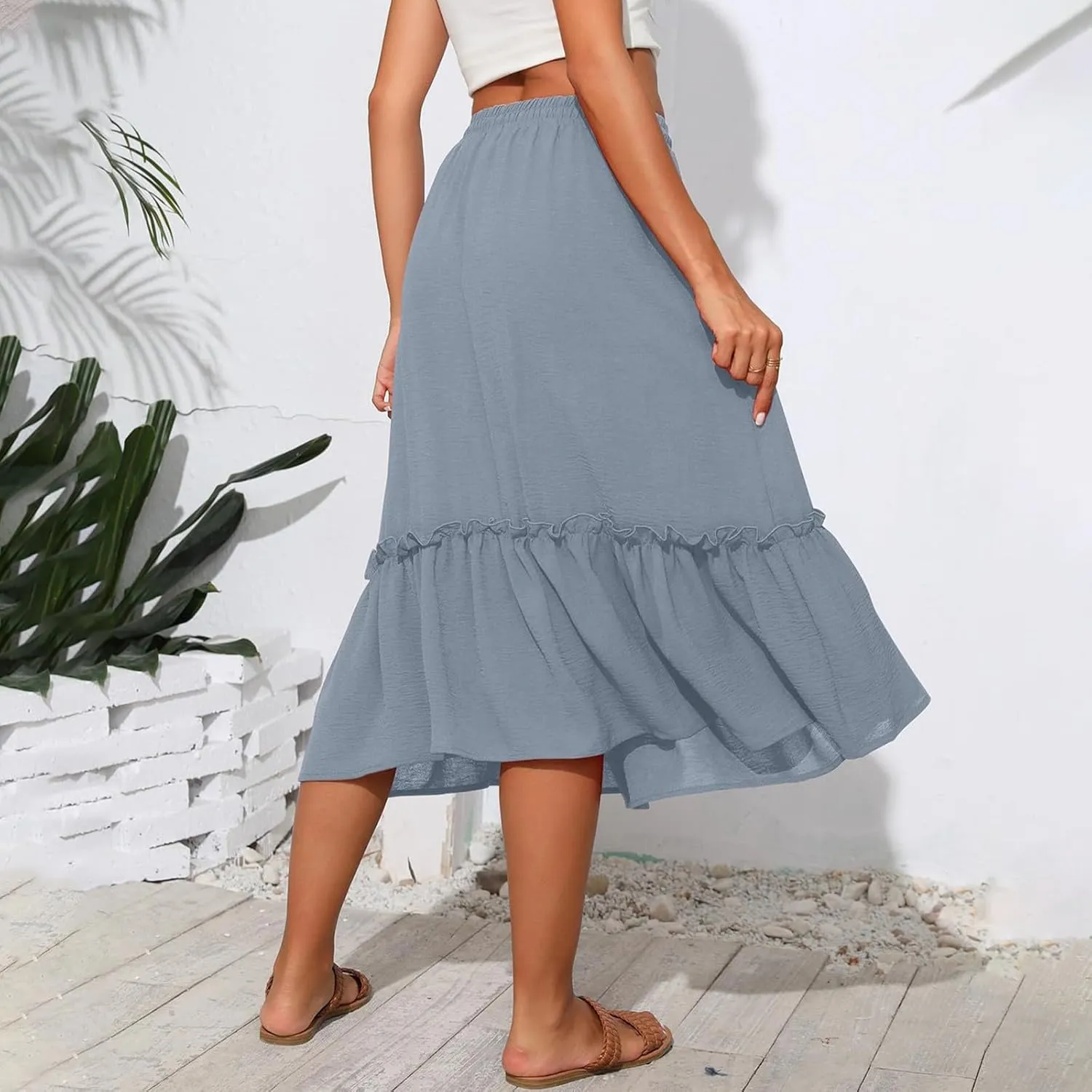 High Waisted Skirts for Women 2025 Cotton Flowy A Line Tiered Midi Skirt with Pockets Summer Beach Comfy Casual Skirt