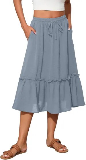 High Waisted Skirts for Women 2025 Cotton Flowy A Line Tiered Midi Skirt with Pockets Summer Beach Comfy Casual Skirt