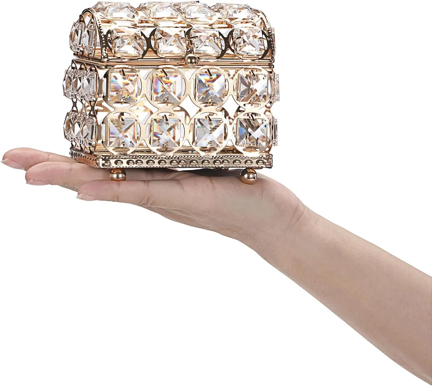 Hipiwe Crystal jewelry Box Gold Treasure Chest Box Glass Mirrored Jewelry Box Decorative Keepsake Case Jewelry Display Case Trinket Organizer for Rings Earrings,Home Decor