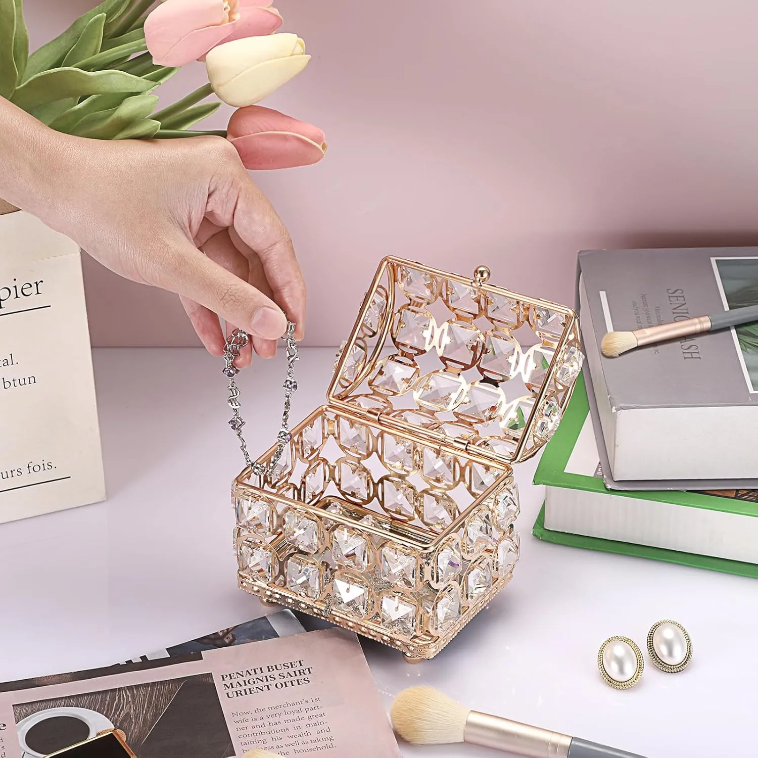Hipiwe Crystal jewelry Box Gold Treasure Chest Box Glass Mirrored Jewelry Box Decorative Keepsake Case Jewelry Display Case Trinket Organizer for Rings Earrings,Home Decor