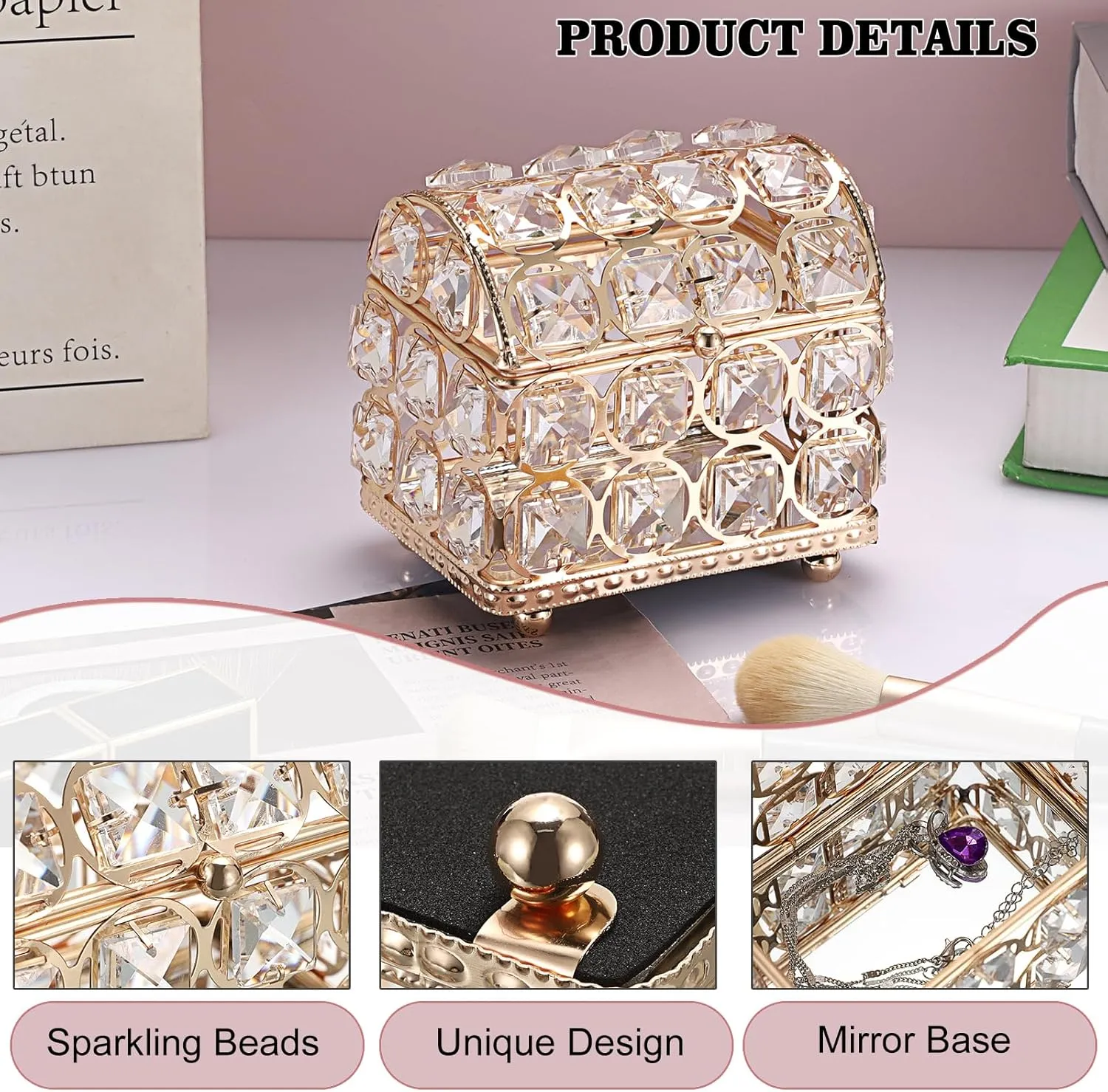 Hipiwe Crystal jewelry Box Gold Treasure Chest Box Glass Mirrored Jewelry Box Decorative Keepsake Case Jewelry Display Case Trinket Organizer for Rings Earrings,Home Decor