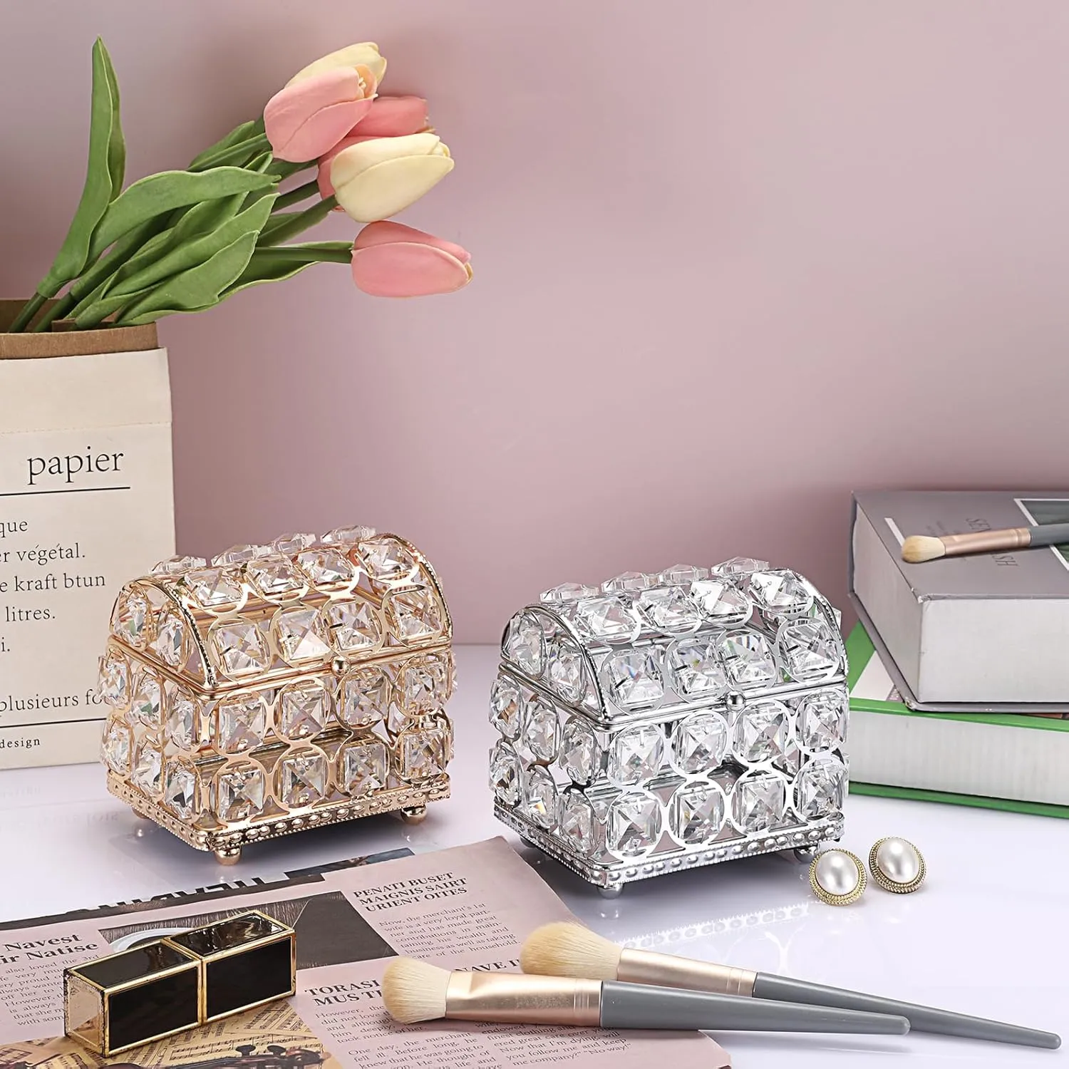 Hipiwe Crystal jewelry Box Gold Treasure Chest Box Glass Mirrored Jewelry Box Decorative Keepsake Case Jewelry Display Case Trinket Organizer for Rings Earrings,Home Decor
