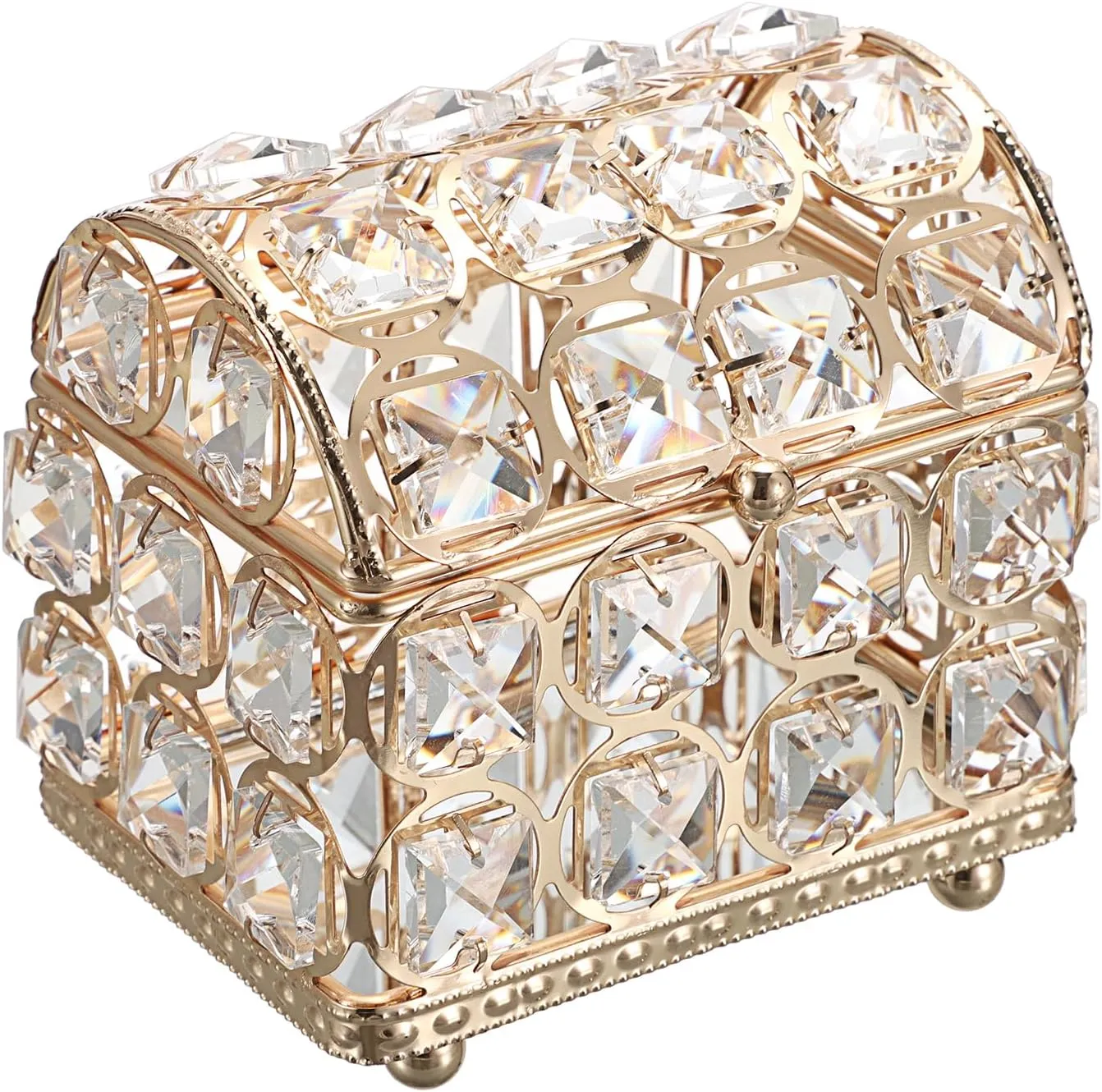 Hipiwe Crystal jewelry Box Gold Treasure Chest Box Glass Mirrored Jewelry Box Decorative Keepsake Case Jewelry Display Case Trinket Organizer for Rings Earrings,Home Decor