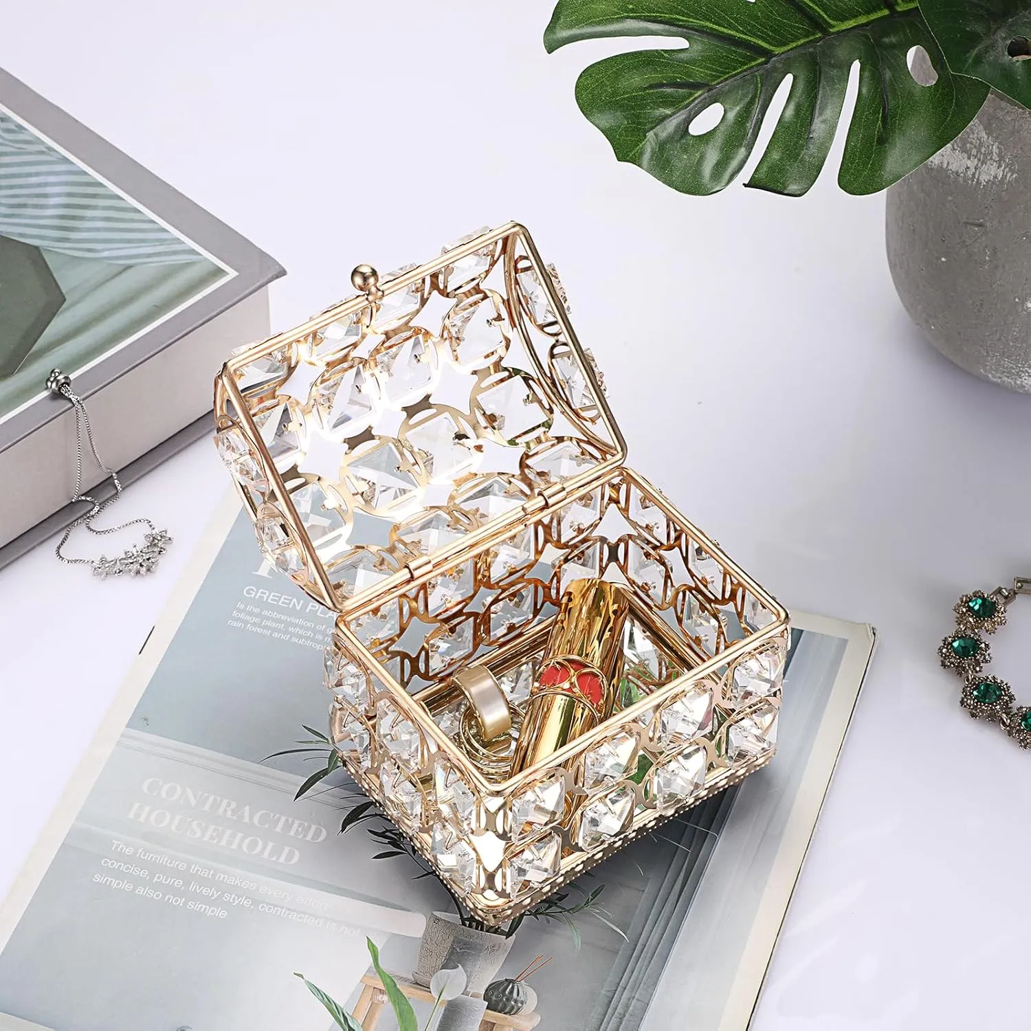 Hipiwe Crystal jewelry Box Gold Treasure Chest Box Glass Mirrored Jewelry Box Decorative Keepsake Case Jewelry Display Case Trinket Organizer for Rings Earrings,Home Decor