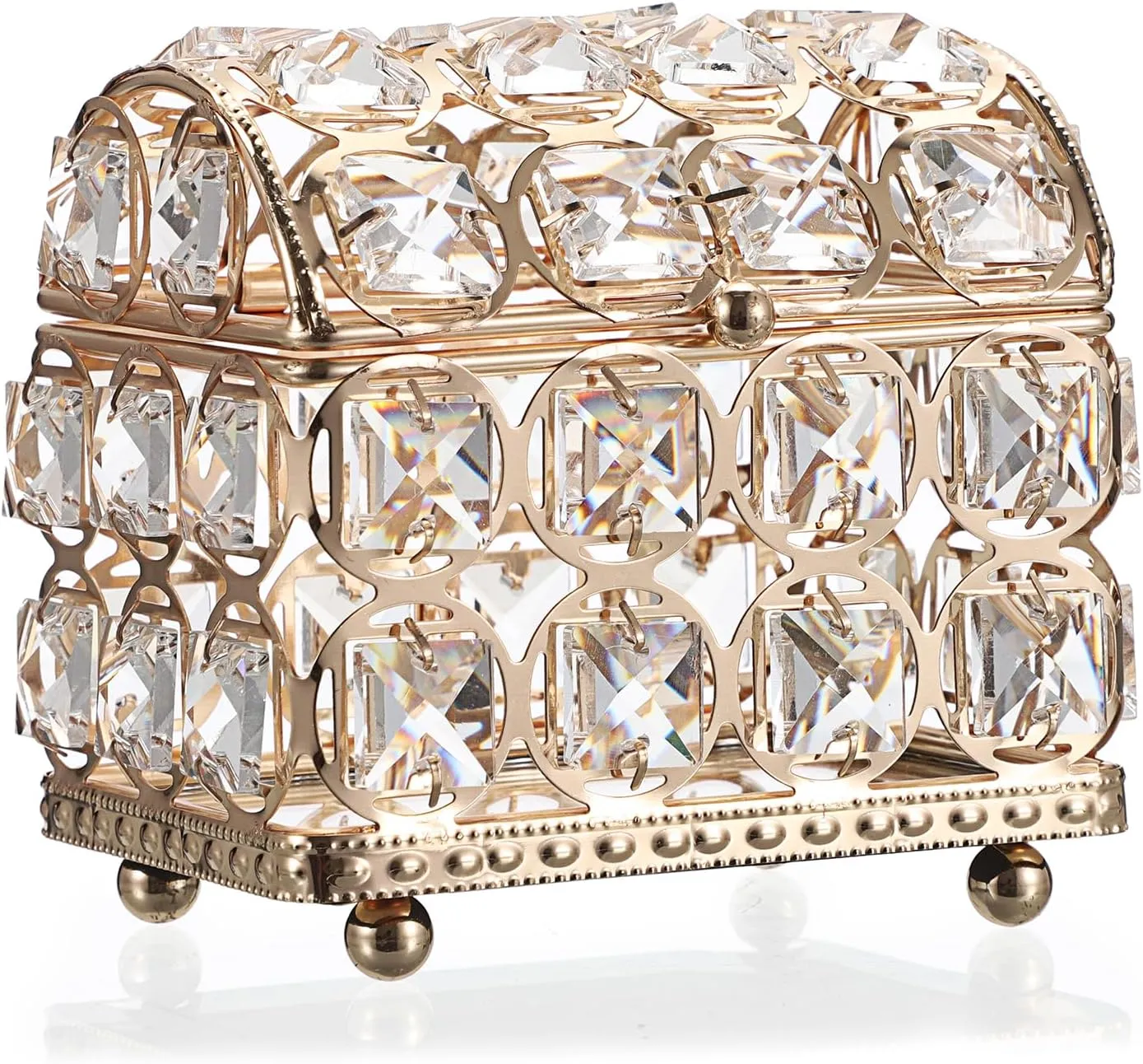 Hipiwe Crystal jewelry Box Gold Treasure Chest Box Glass Mirrored Jewelry Box Decorative Keepsake Case Jewelry Display Case Trinket Organizer for Rings Earrings,Home Decor