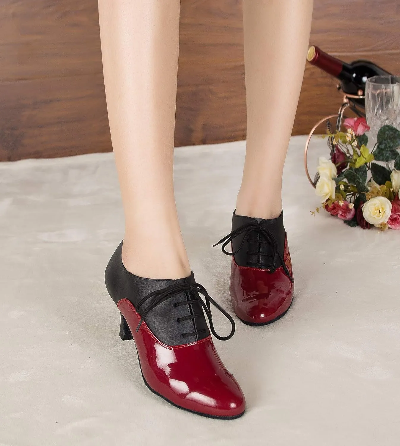 HIPPOSEUS Women Closed Toe Latin Ballroom Dance Heels Lace-up Teaching Practice Character Shoes