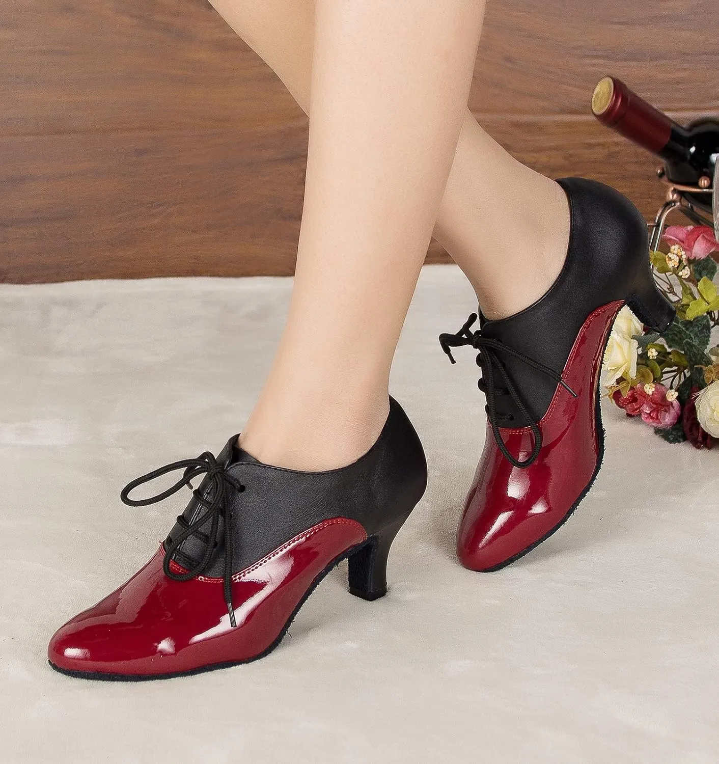 HIPPOSEUS Women Closed Toe Latin Ballroom Dance Heels Lace-up Teaching Practice Character Shoes