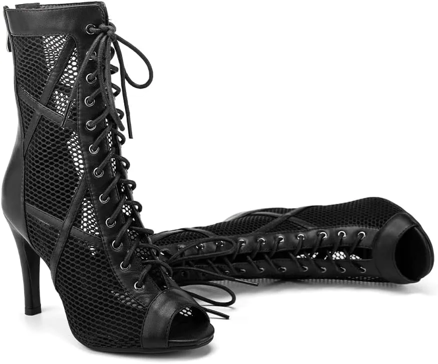 HIPPOSEUS Women's Latin Dance Shoes Peep Toe Ballroom Salsa Jazz Dance Heels Zip Ankle Dance Boots,Model K99