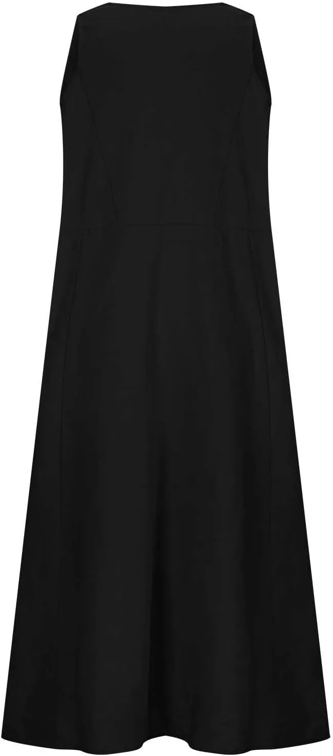 hlysgo Women Beach Dresses Summer Plus Size Sleeveless Scoop Neck Midi Dress Casual Flowy Vacation Sundress with Pockets