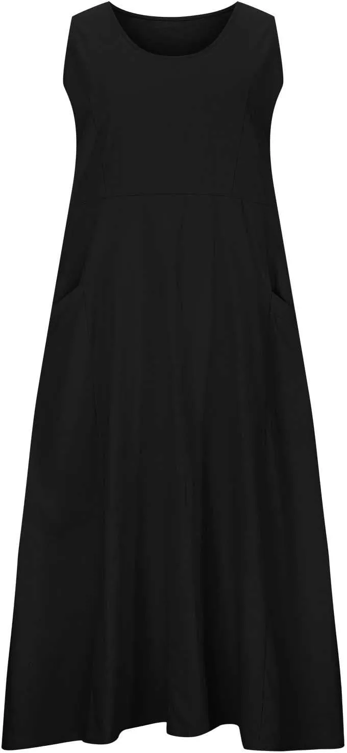 hlysgo Women Beach Dresses Summer Plus Size Sleeveless Scoop Neck Midi Dress Casual Flowy Vacation Sundress with Pockets