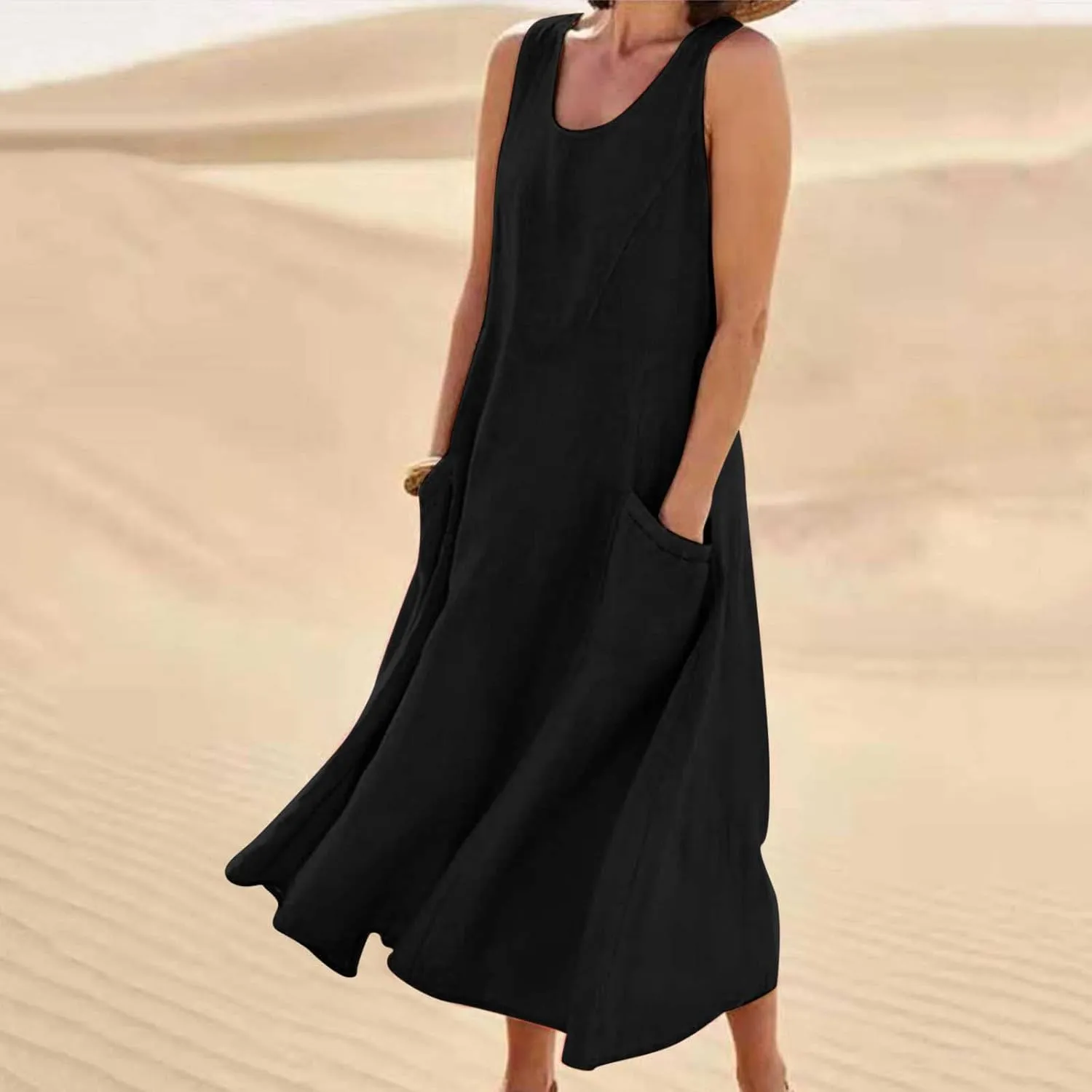 hlysgo Women Beach Dresses Summer Plus Size Sleeveless Scoop Neck Midi Dress Casual Flowy Vacation Sundress with Pockets