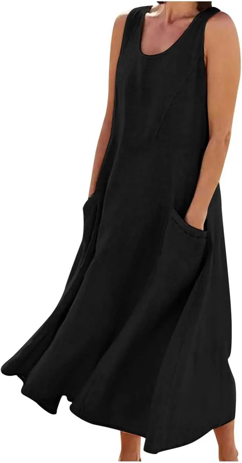 hlysgo Women Beach Dresses Summer Plus Size Sleeveless Scoop Neck Midi Dress Casual Flowy Vacation Sundress with Pockets