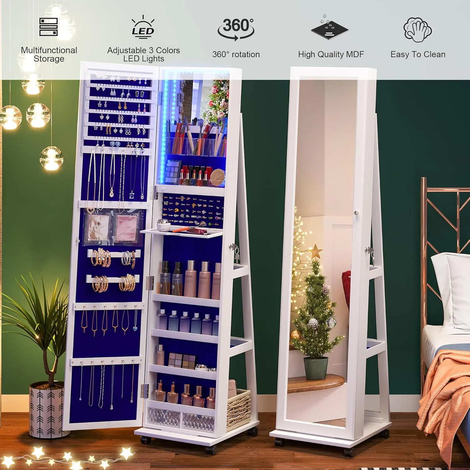 HNEBC 360 Rotating Jewelry Armoire with Lights, Lockable Cabinet, Standing Full Length Mirror with Jewelry Storage, Large Jewelry Mirror Organizer, Wheels, Foldable Makeup Shelf (White)