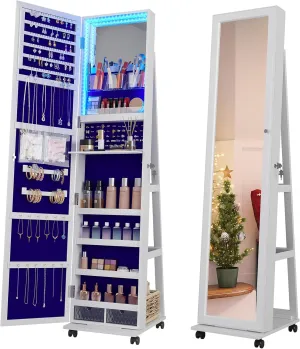 HNEBC 360 Rotating Jewelry Armoire with Lights, Lockable Cabinet, Standing Full Length Mirror with Jewelry Storage, Large Jewelry Mirror Organizer, Wheels, Foldable Makeup Shelf (White)