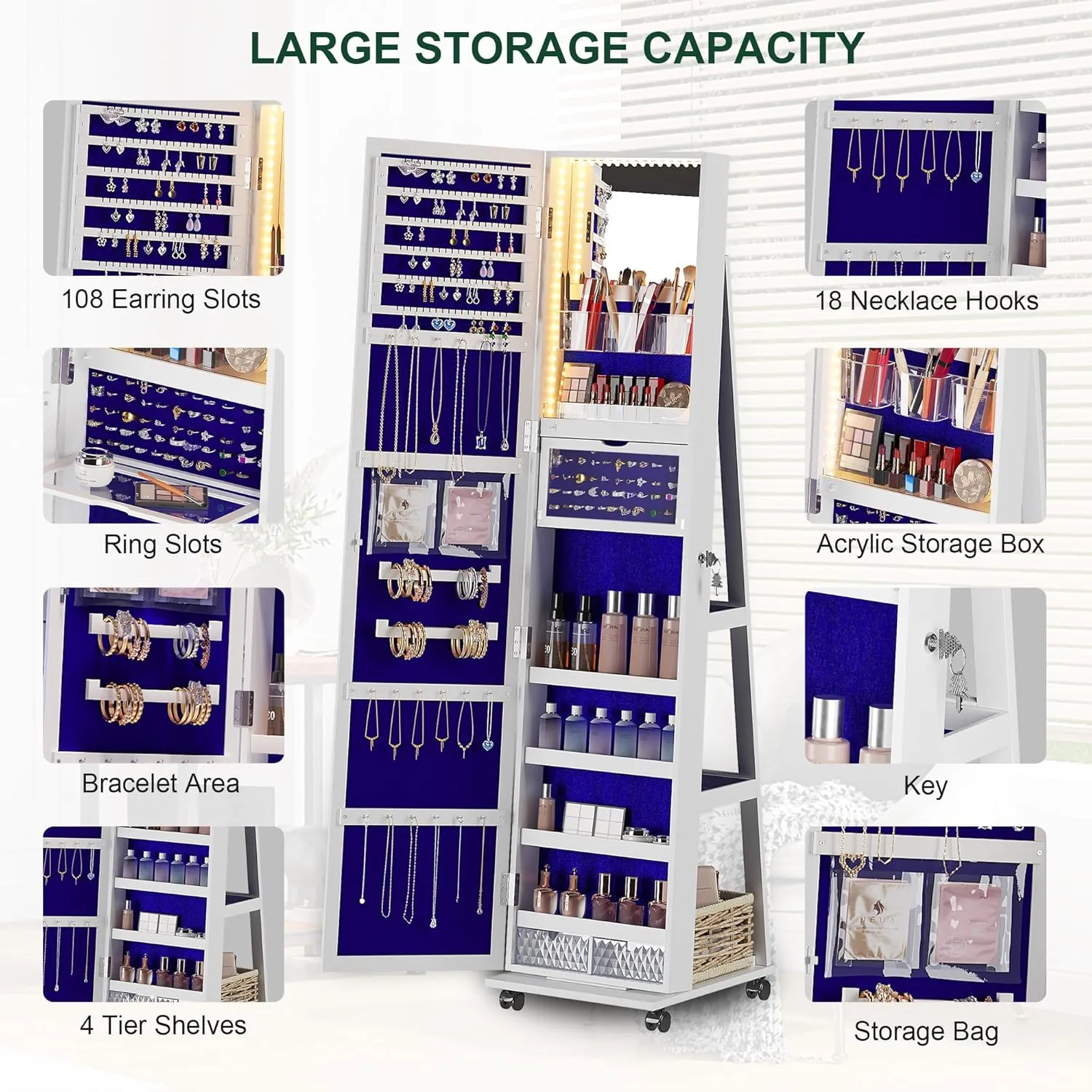 HNEBC 360 Rotating Jewelry Armoire with Lights, Lockable Cabinet, Standing Full Length Mirror with Jewelry Storage, Large Jewelry Mirror Organizer, Wheels, Foldable Makeup Shelf (White)