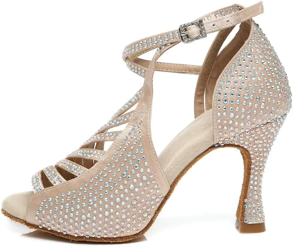 HROYL Women Rhinestone Ballroom Dance Shoes Latin Salsa Practice Performance Wedding Party Dance Shoes,Model L468
