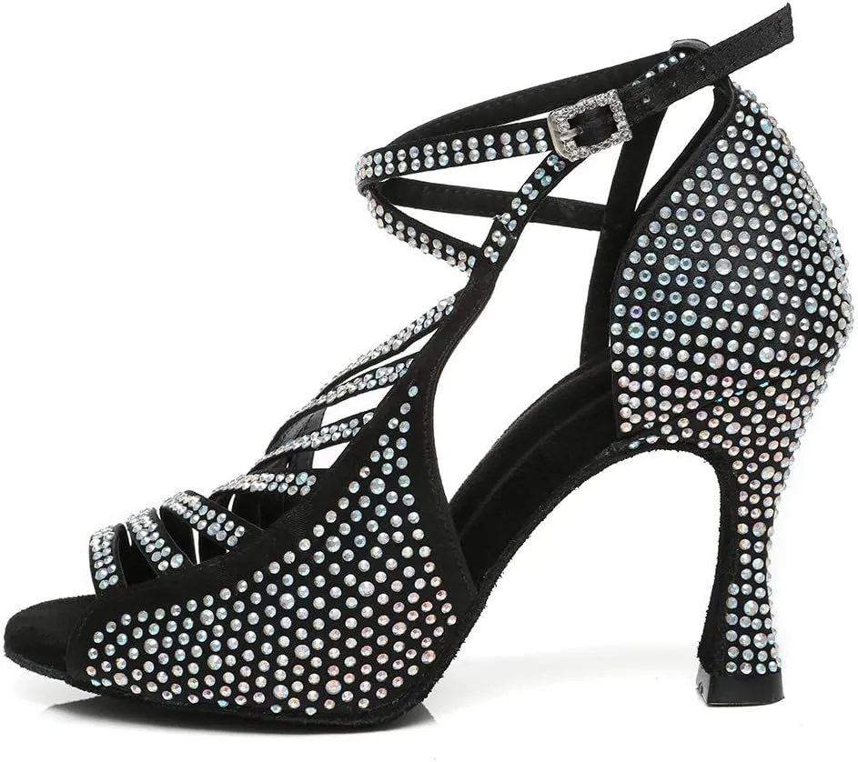 HROYL Women Rhinestone Ballroom Dance Shoes Latin Salsa Practice Performance Wedding Party Dance Shoes,Model L468