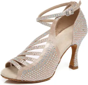 HROYL Women Rhinestone Ballroom Dance Shoes Latin Salsa Practice Performance Wedding Party Dance Shoes,Model L468