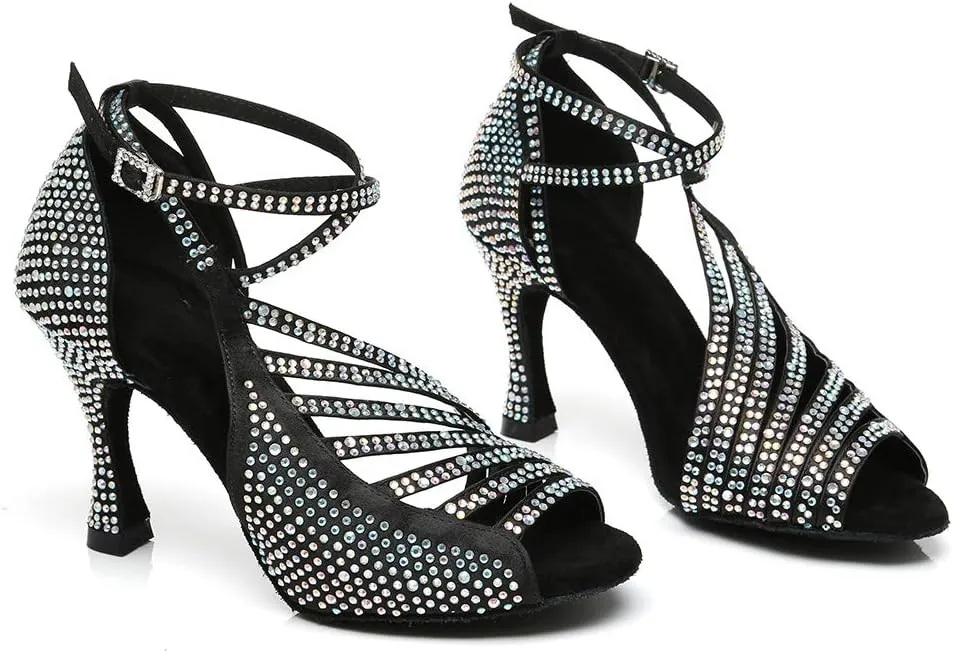 HROYL Women Rhinestone Ballroom Dance Shoes Latin Salsa Practice Performance Wedding Party Dance Shoes,Model L468
