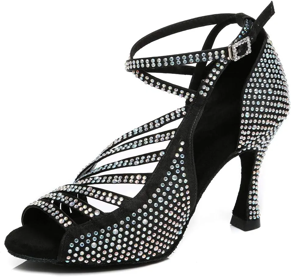 HROYL Women Rhinestone Ballroom Dance Shoes Latin Salsa Practice Performance Wedding Party Dance Shoes,Model L468