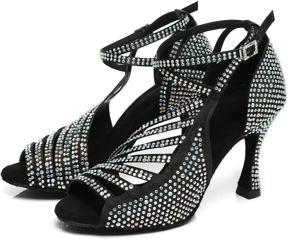 HROYL Women Rhinestone Ballroom Dance Shoes Latin Salsa Practice Performance Wedding Party Dance Shoes,Model L468