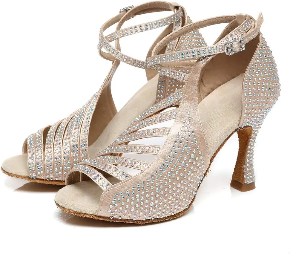 HROYL Women Rhinestone Ballroom Dance Shoes Latin Salsa Practice Performance Wedding Party Dance Shoes,Model L468