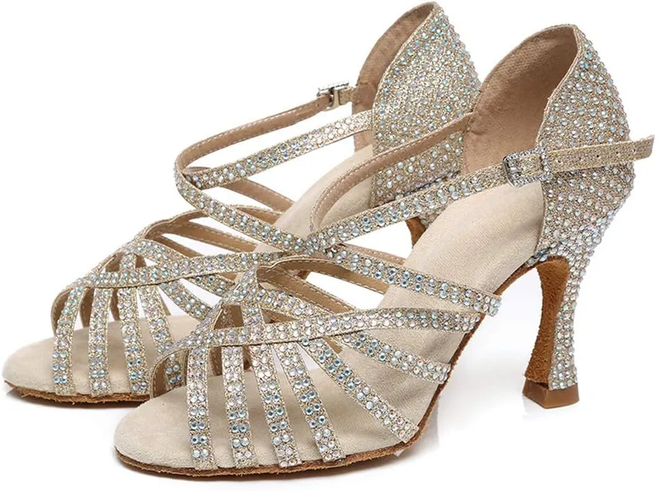HROYL Women Rhinestone Latin Dance Shoes Ballroom Salsa Performance Dance Shoes,model L467