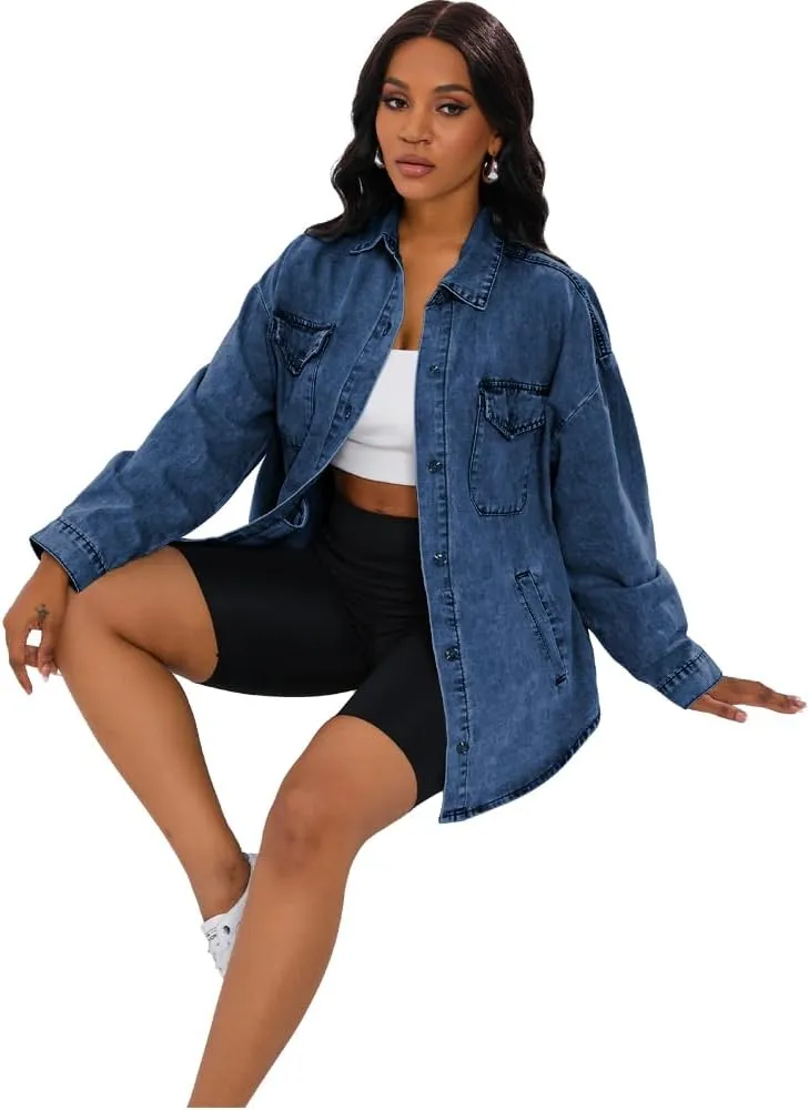 HTD Women's Jean Jacket Button Down Long Sleeve Denim Jackets With Pockets