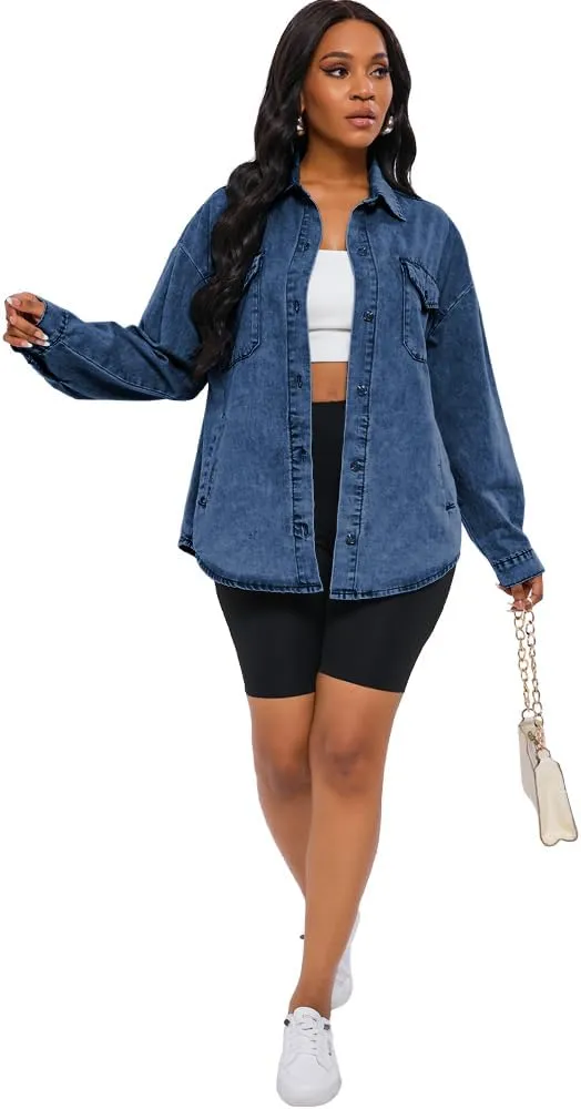 HTD Women's Jean Jacket Button Down Long Sleeve Denim Jackets With Pockets