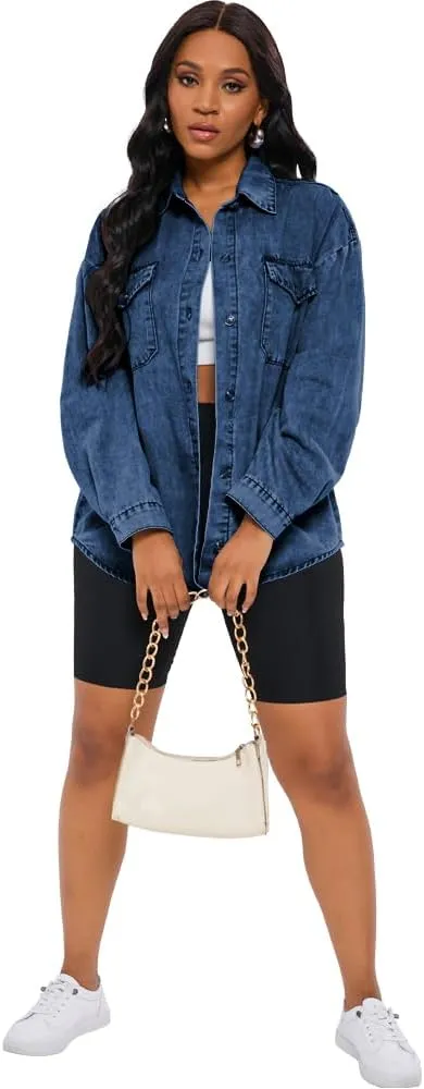 HTD Women's Jean Jacket Button Down Long Sleeve Denim Jackets With Pockets