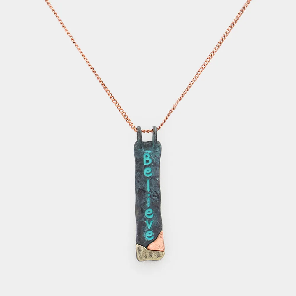 iLLASPARKZ "Believe" Hammered Metal Bar Pendant Necklace
