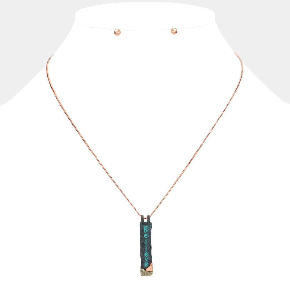 iLLASPARKZ "Believe" Hammered Metal Bar Pendant Necklace