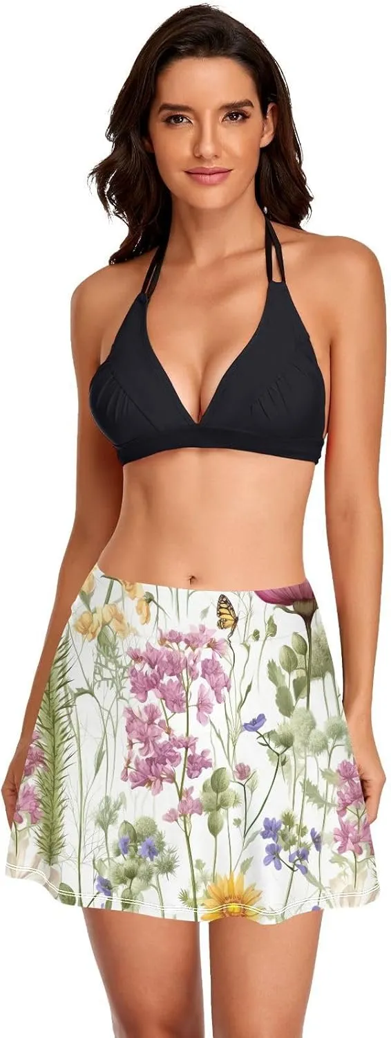 J JOYSAY Spring Flowers Leaves Floral Swim Skirt for Women Tummy Control Bathing Suit with Built-in Shorts