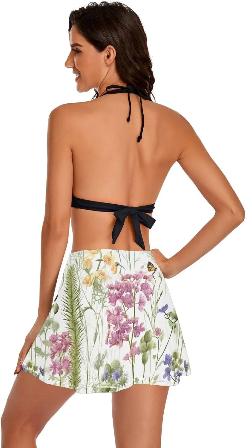 J JOYSAY Spring Flowers Leaves Floral Swim Skirt for Women Tummy Control Bathing Suit with Built-in Shorts