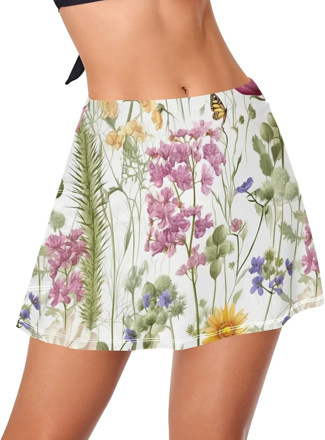 J JOYSAY Spring Flowers Leaves Floral Swim Skirt for Women Tummy Control Bathing Suit with Built-in Shorts