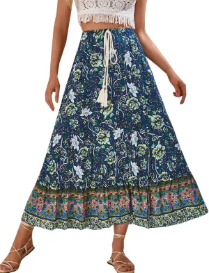 Joe Wenko Women's Boho Floral Skirt Casual Elastic High Waist Maxi Skirts with Side Slit
