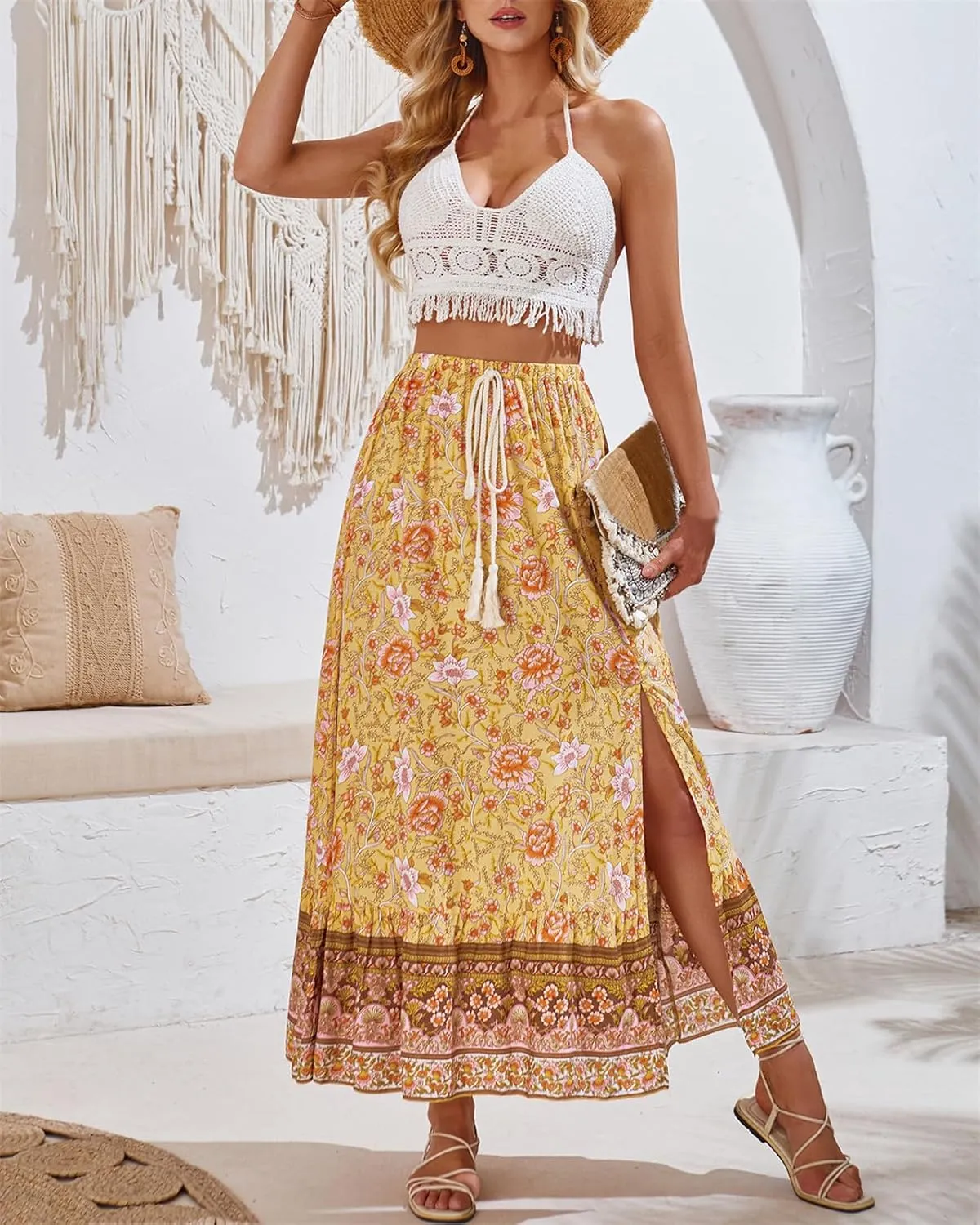 Joe Wenko Women's Boho Floral Skirt Casual Elastic High Waist Maxi Skirts with Side Slit