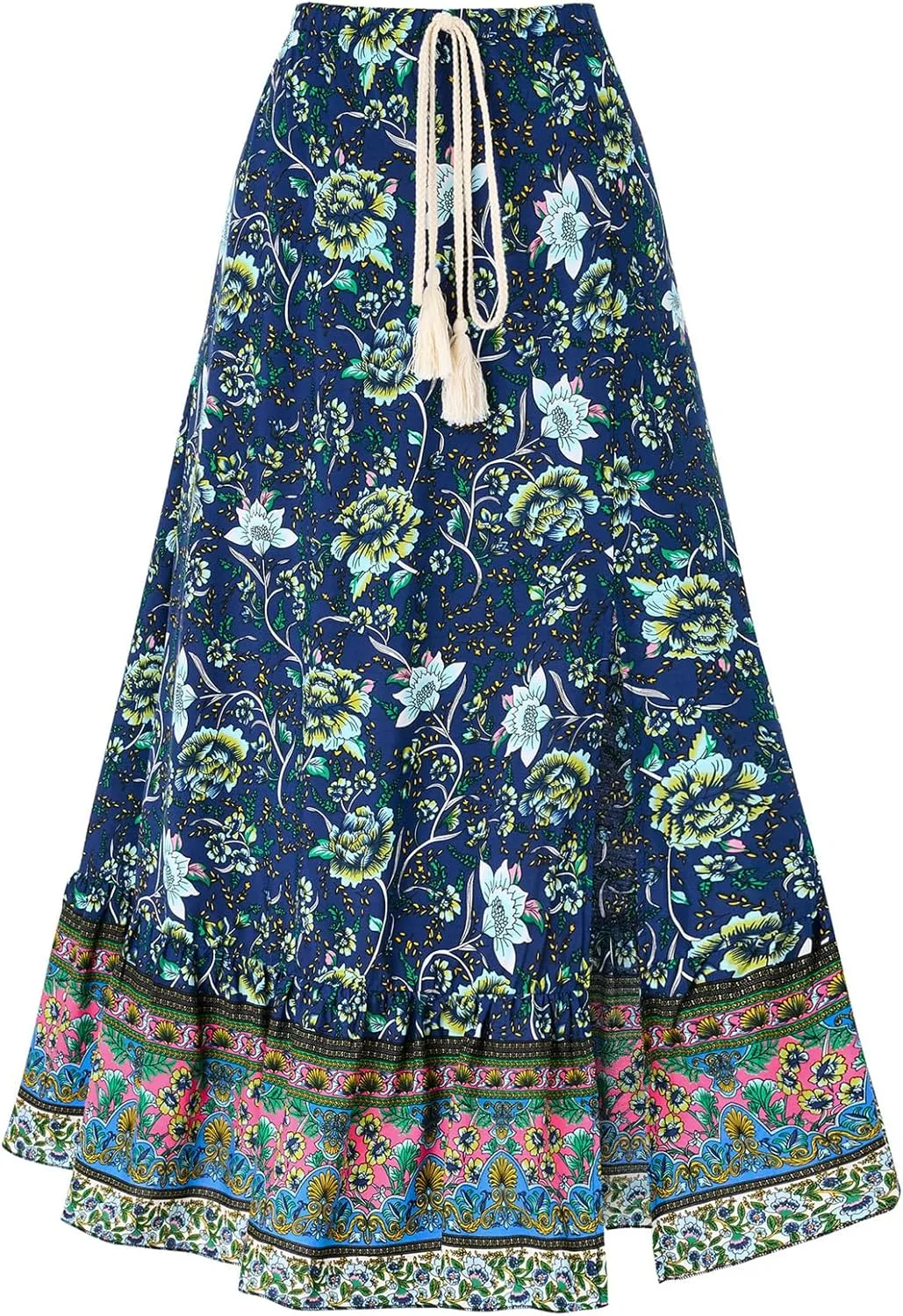Joe Wenko Women's Boho Floral Skirt Casual Elastic High Waist Maxi Skirts with Side Slit