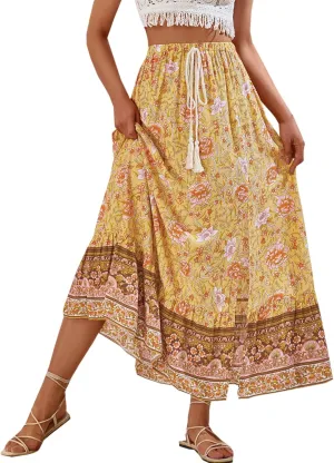 Joe Wenko Women's Boho Floral Skirt Casual Elastic High Waist Maxi Skirts with Side Slit
