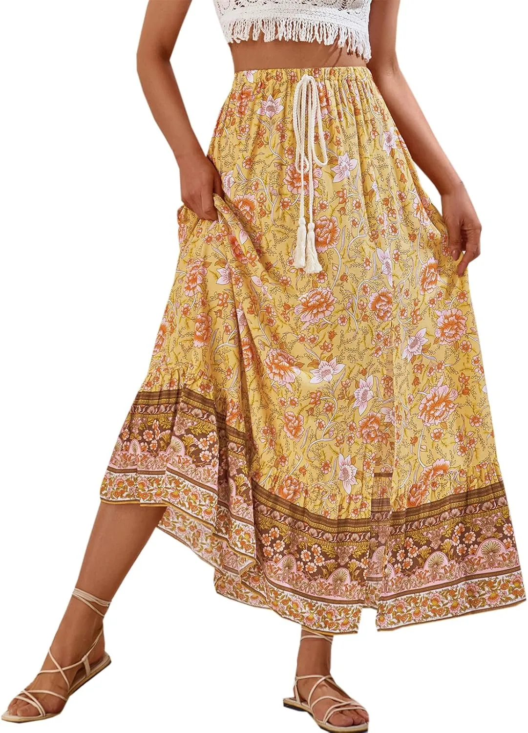Joe Wenko Women's Boho Floral Skirt Casual Elastic High Waist Maxi Skirts with Side Slit