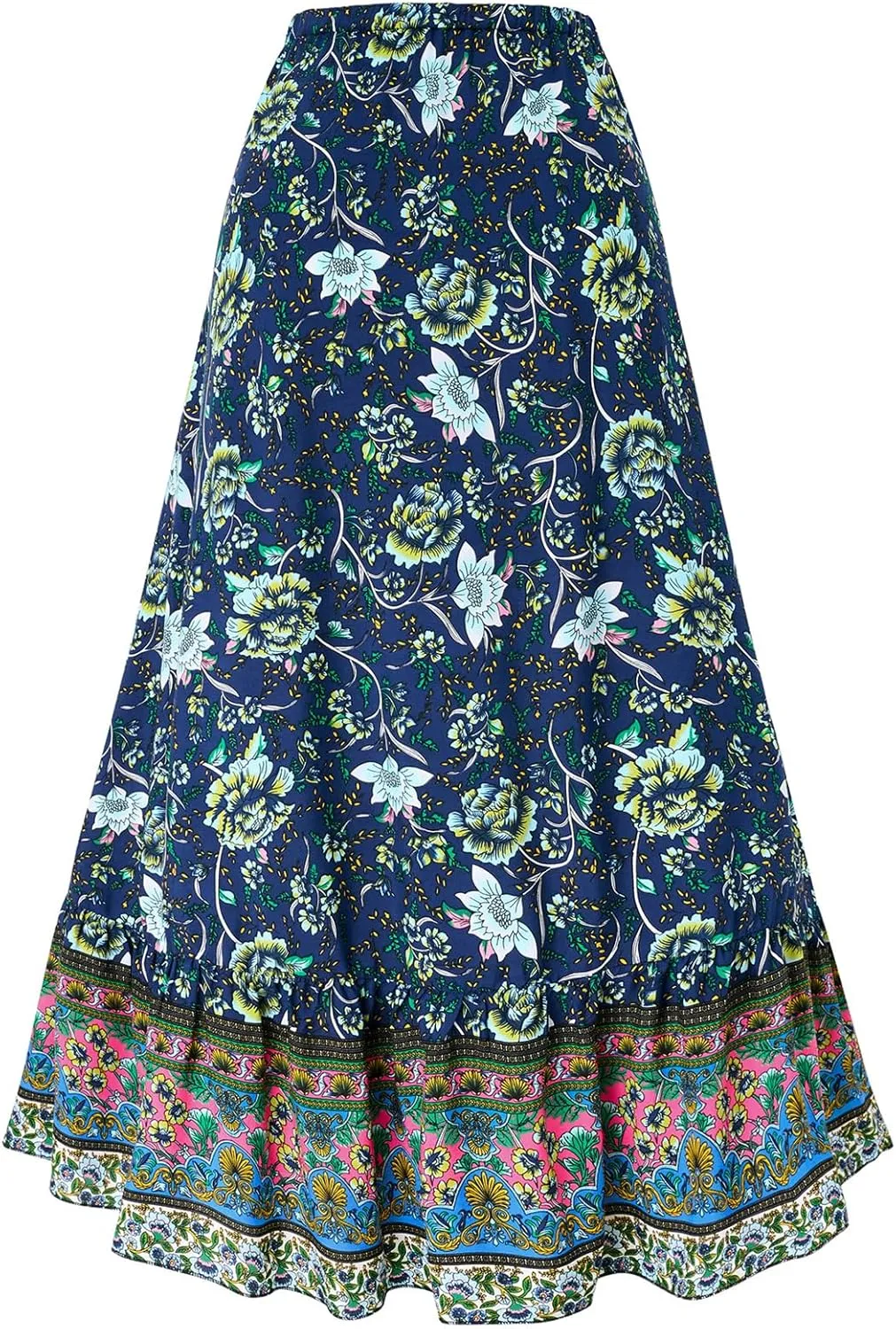 Joe Wenko Women's Boho Floral Skirt Casual Elastic High Waist Maxi Skirts with Side Slit