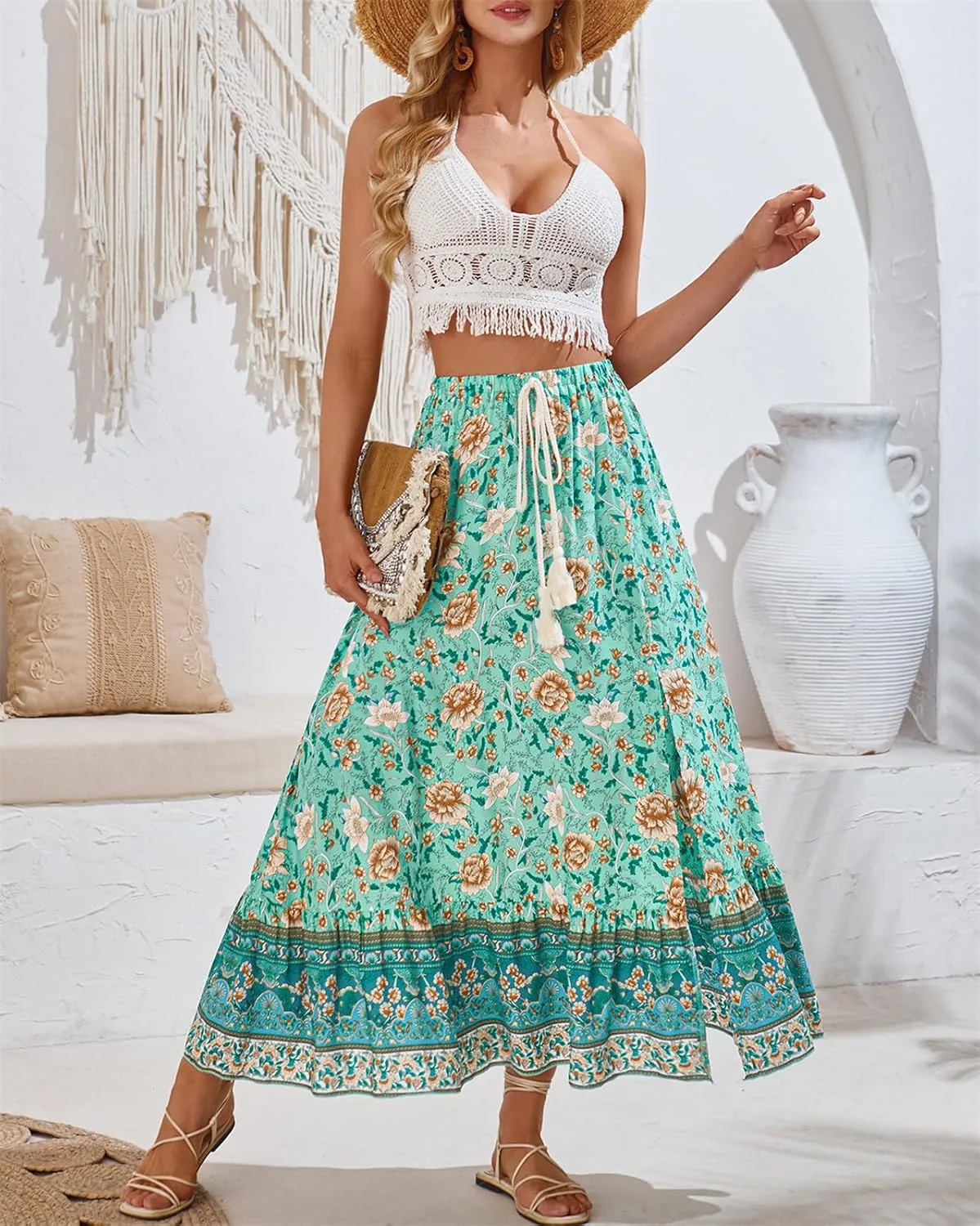 Joe Wenko Women's Boho Floral Skirt Casual Elastic High Waist Maxi Skirts with Side Slit