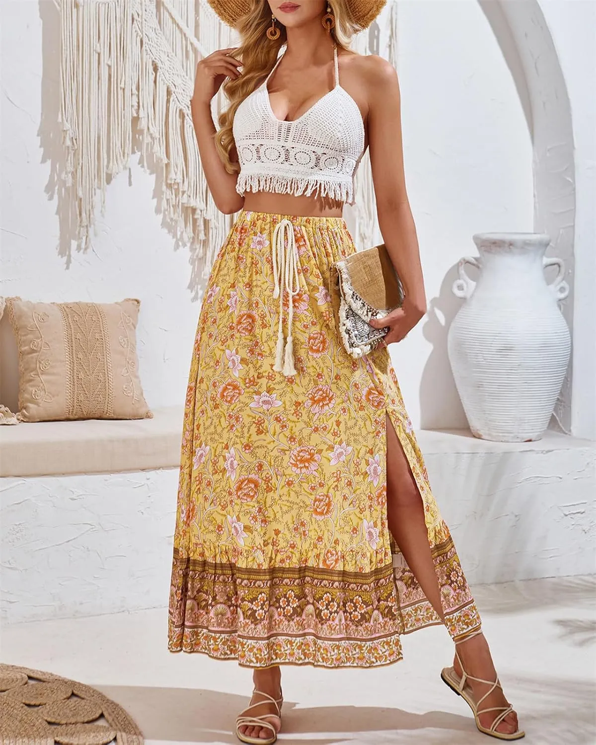 Joe Wenko Women's Boho Floral Skirt Casual Elastic High Waist Maxi Skirts with Side Slit