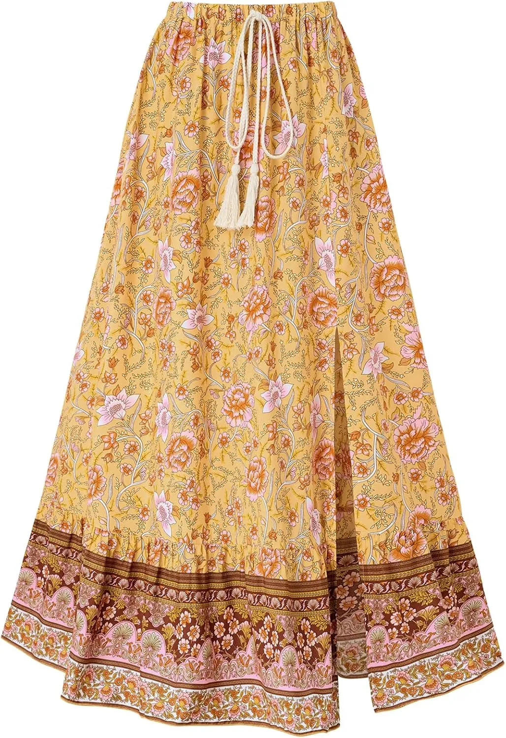 Joe Wenko Women's Boho Floral Skirt Casual Elastic High Waist Maxi Skirts with Side Slit