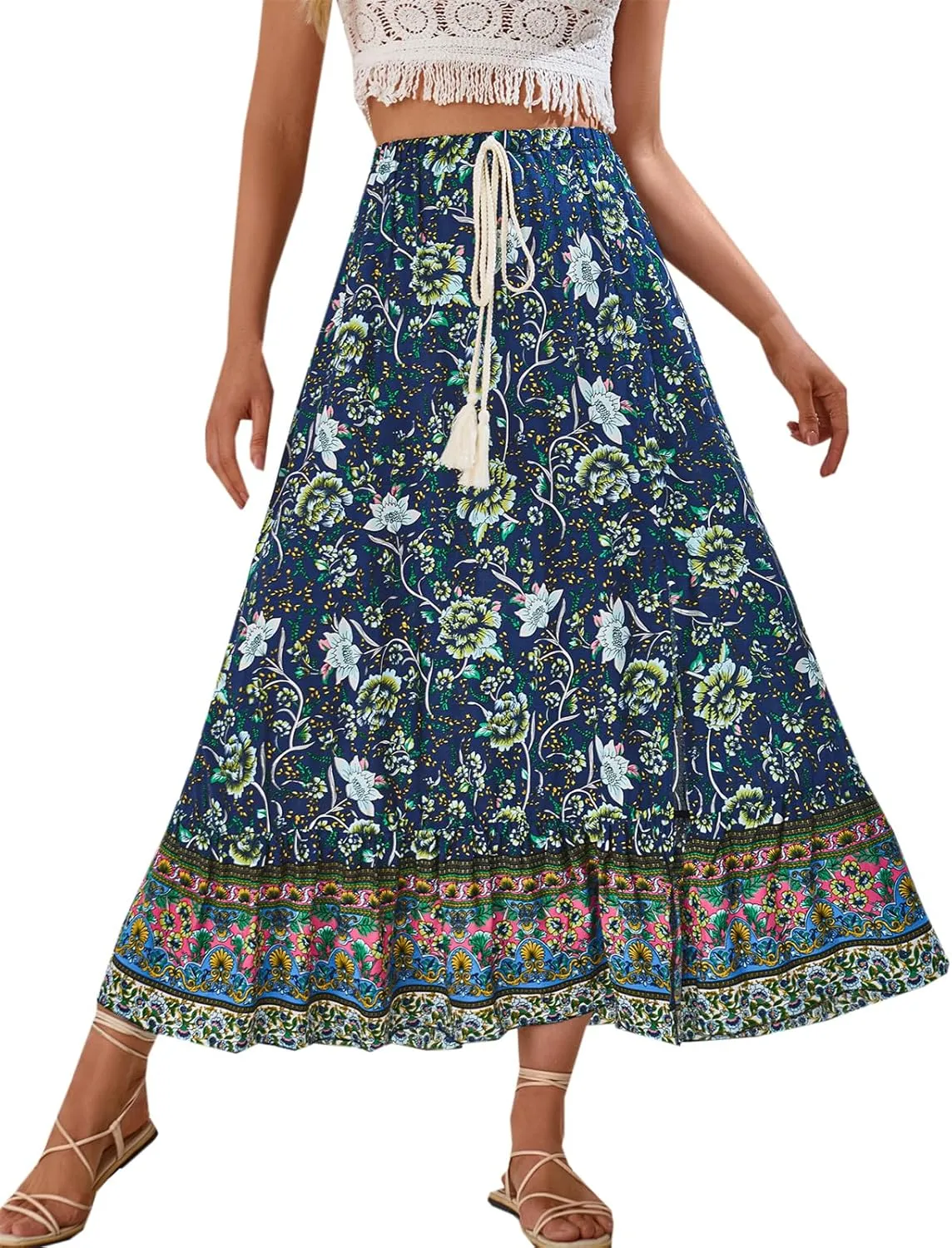Joe Wenko Women's Boho Floral Skirt Casual Elastic High Waist Maxi Skirts with Side Slit