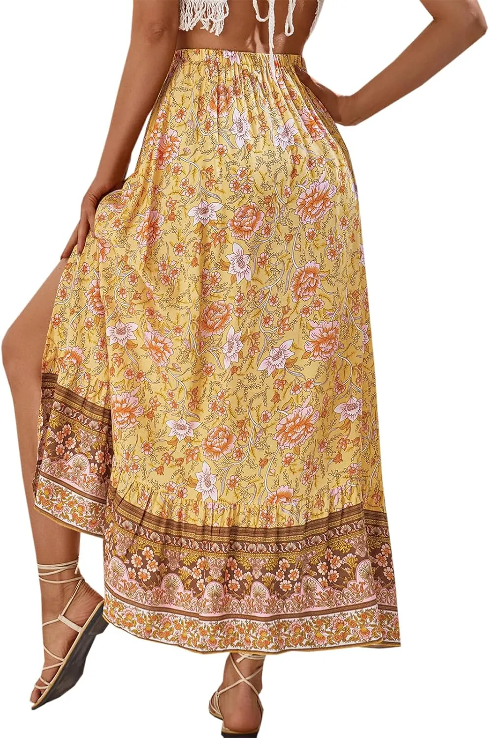 Joe Wenko Women's Boho Floral Skirt Casual Elastic High Waist Maxi Skirts with Side Slit