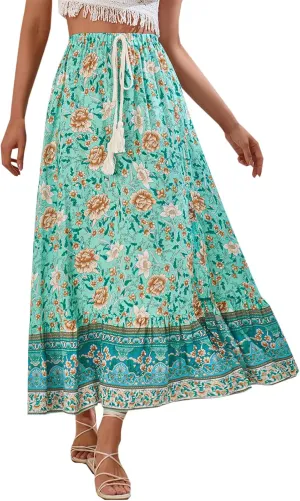 Joe Wenko Women's Boho Floral Skirt Casual Elastic High Waist Maxi Skirts with Side Slit