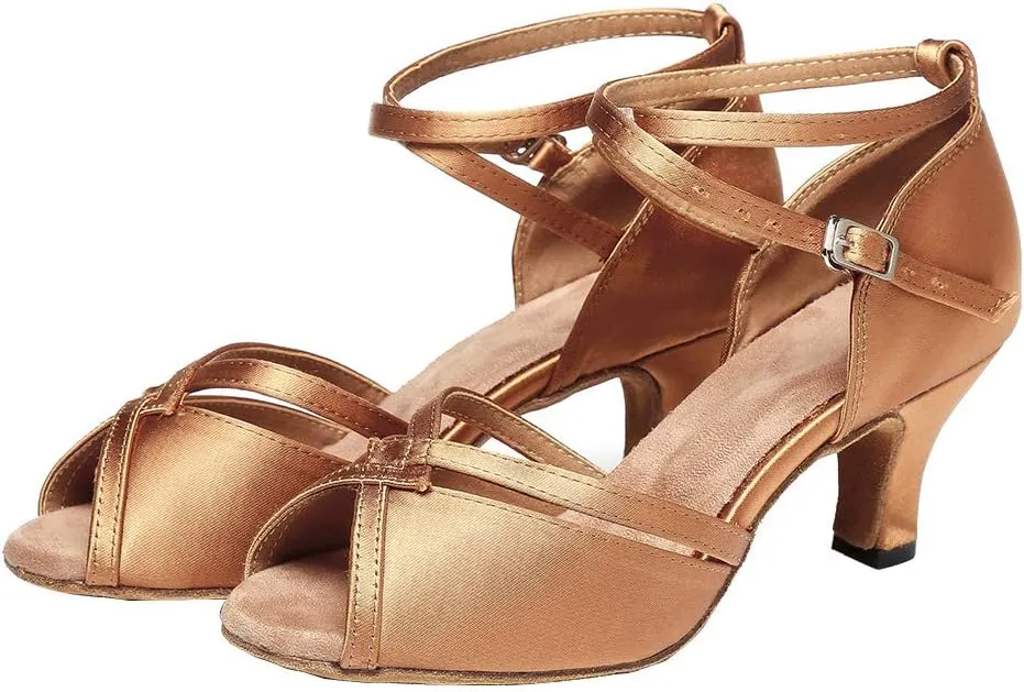 JUODVMP Women Ballroom Dance Shoes Salsa Latin Shoes Heels Peep-Toe Modle YCL350
